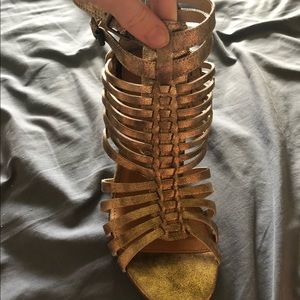 gold strappy leather heeled sandals